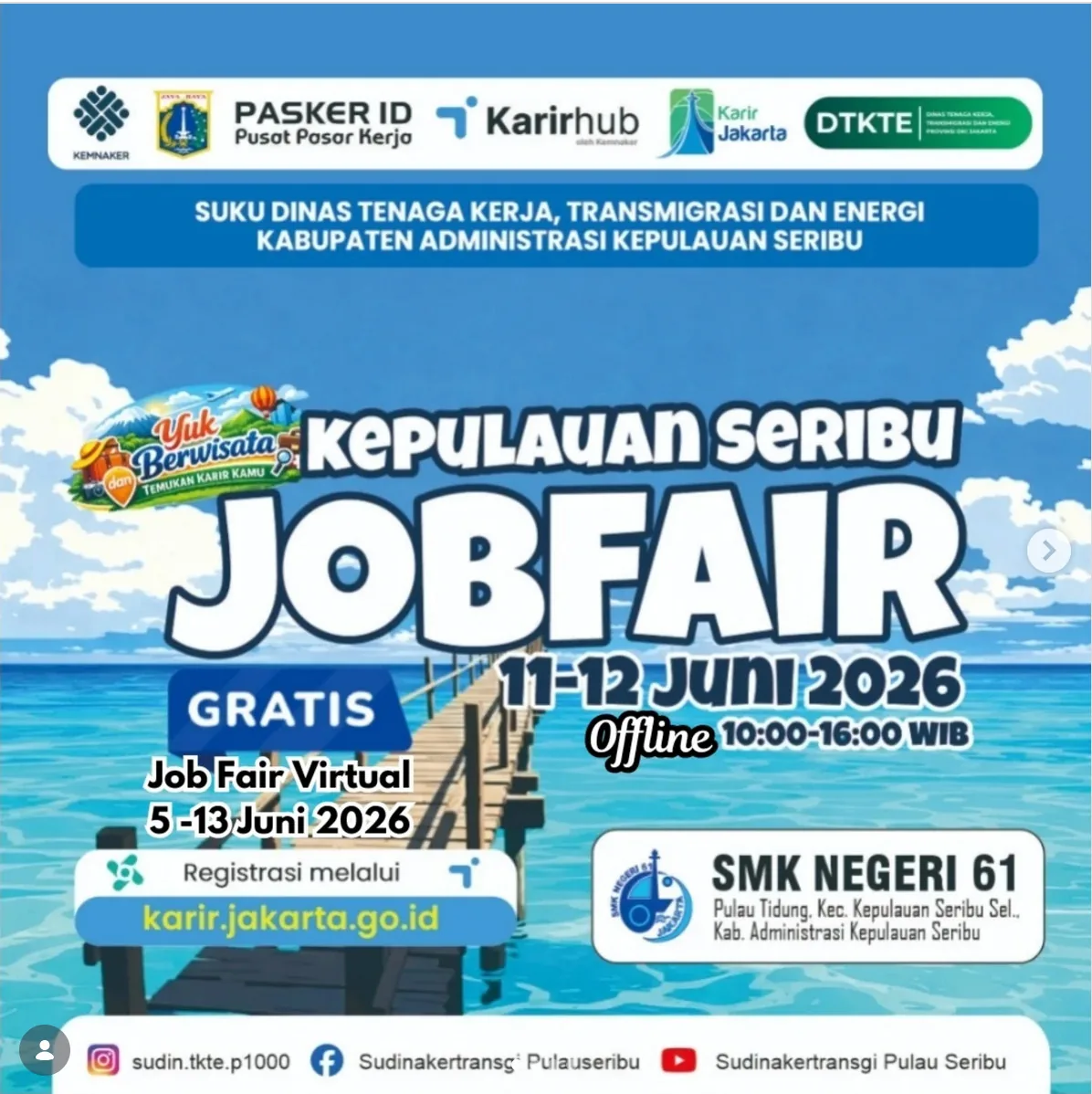 Job Fair Kabupaten Nagan Raya 2026 (Suku Dinas TKTE Wilayah Kepulauan Seribu) : 10-11 Juni 2026